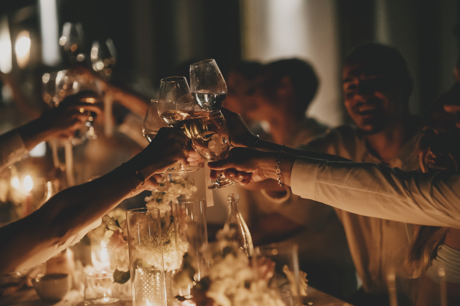 Guests raising glasses around the dinner table.