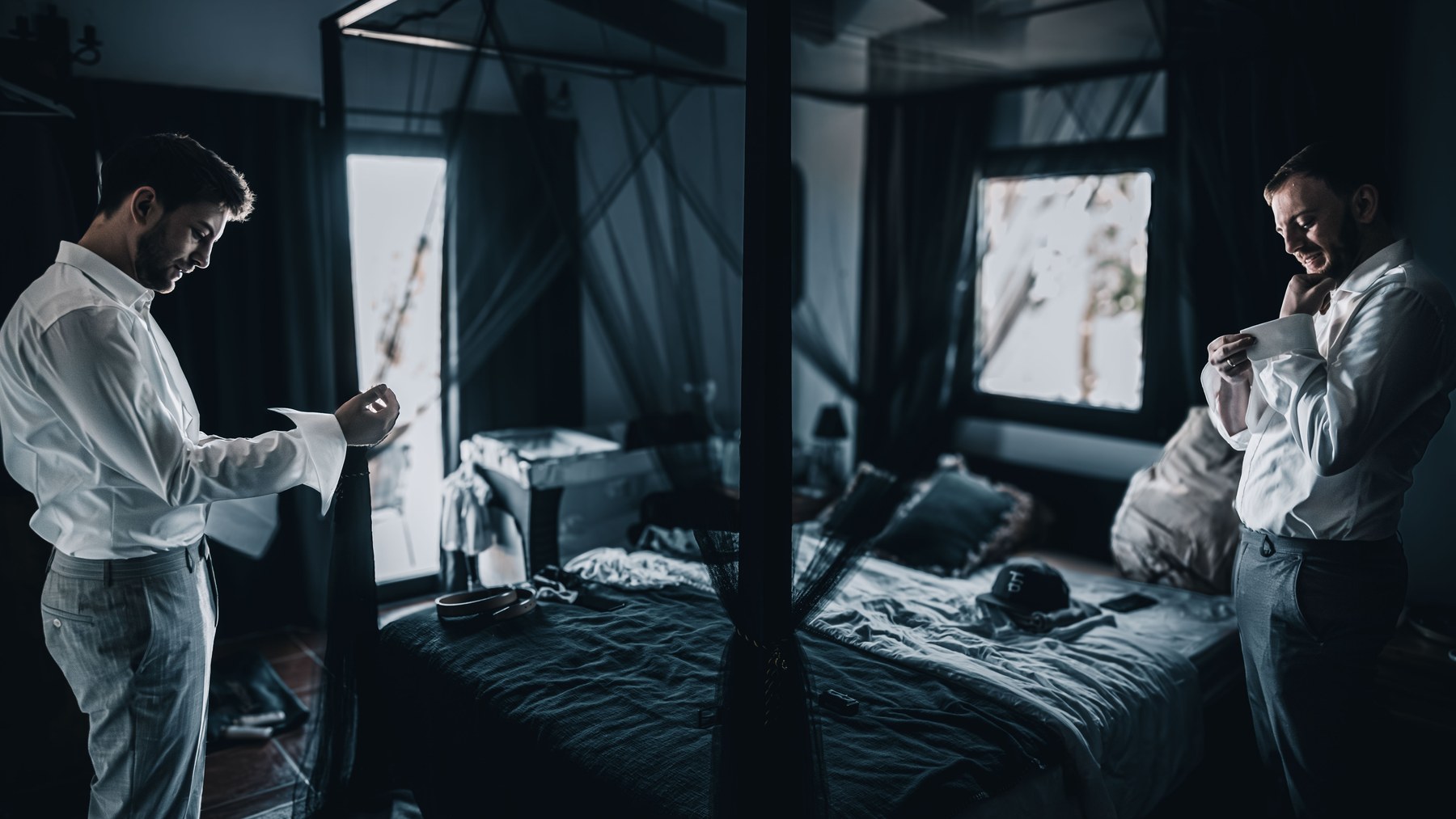 Basti getting ready in a dark room before the wedding.